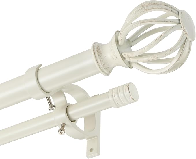 Antique White Double Curtain Rods for Window 36-72", Double Drapery Rods with Round Cage & Barrel Finials, Adjustable 1-Inch Front and 5/8 Inch Back Dual Curtain Rod