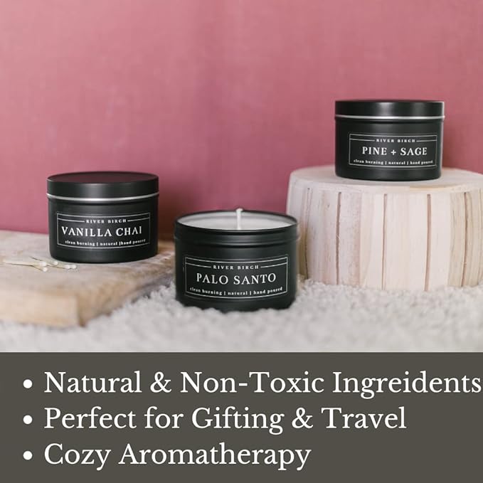 River Birch Candles Vanilla Chai Scented Candle | Premium, All-Natural, Non-Toxic, Soy Candles | 8 oz. Matte Black Tin Travel Candle | Cozy Relaxing Gifts for Home