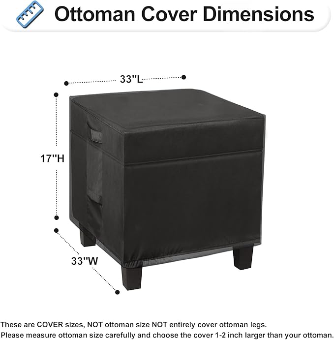 OutdoorLines Outdoor Waterproof Patio Ottoman Covers - Square UV-Proof Patio Side Table Cover Windproof Heavy-Duty Furniture Covering Protector 33L x 33W x 17H Inch, Black