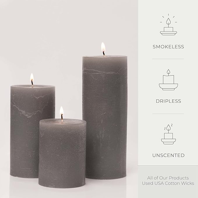 BASK Mottled Unscented Cool Grey Pillar Candles Set of 3 - Dripless Large Smokeless Pillar Candles for All Occasions