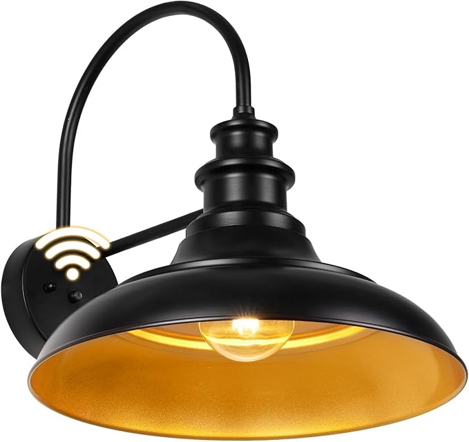 Dusk to Dawn Sensor Outdoor Barn Light Fixture, 16 Inch Dome Farmhouse Outdoor Wall Sconce, Exterior Wall Mount Light, Industrial Black Gold Wall Lantern for Porch, Garage, Shed,1 Pack