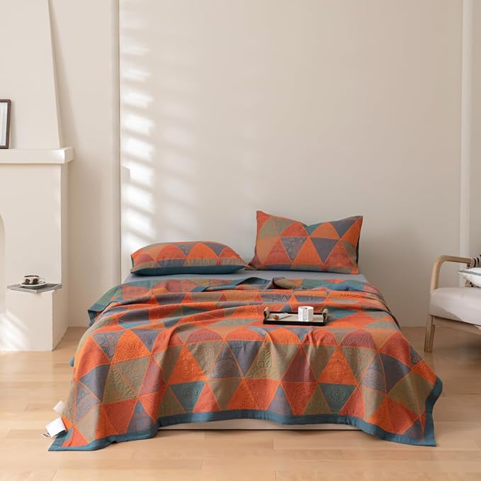 100% Cotton Muslin Blanket Jacquard Bohomian Mandala Triangle Print Quilt, Soft Bed Cover Reversible Bedspread Coverlet Breathable Lightweight Bedding Full/Queen(78"x94"), No Pillow Sham