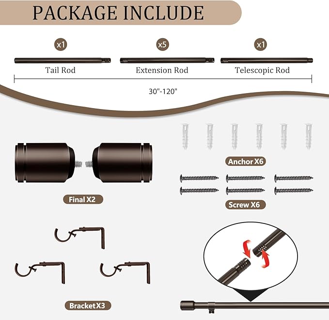 1” Diameter Bronze Curtain Rods for Windows, 1 Pack 30-120 Inch Heavy Duty Window Rods, Long Adjustable Curtain Rod, Fits Most Standard Windows, Suitable for Bedroom, Living Room, Farmhouse