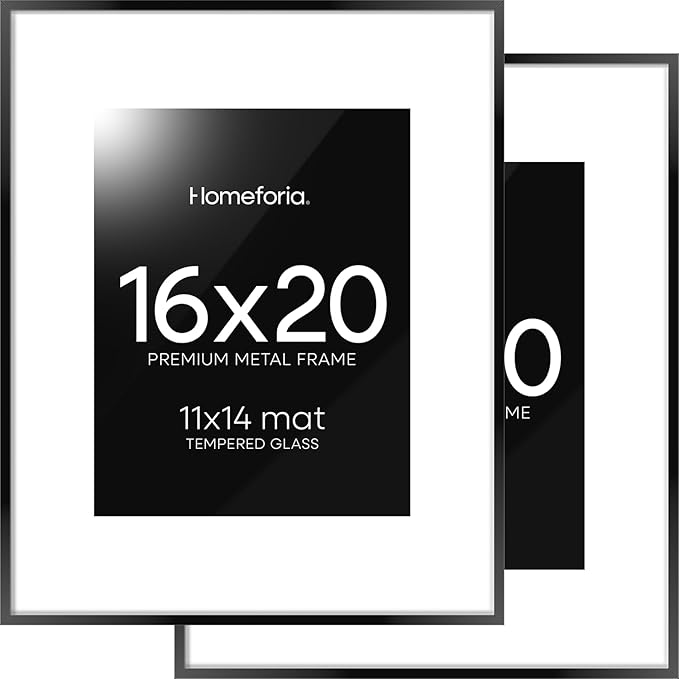 Homeforia 16 x 20 Picture Frame Black, High End Metal 11x14 Matted for 16x20 Frame, 16 x 20 Black Poster Frame with Mat 11 x 14 inch Photo, 20x16 Thin Hanging Frame, Tempered Glass, Wall Kit, Set of 2