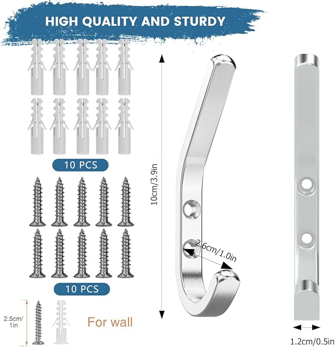 Wall Hooks for Hanging Coats - 5 Pack Double Hook Design, Hat Organizers, Wall Mount Hangers for Bags and Keys, Perfect for Garage, Workshop, Entryway, Closet, and DIY Projects (Silver)