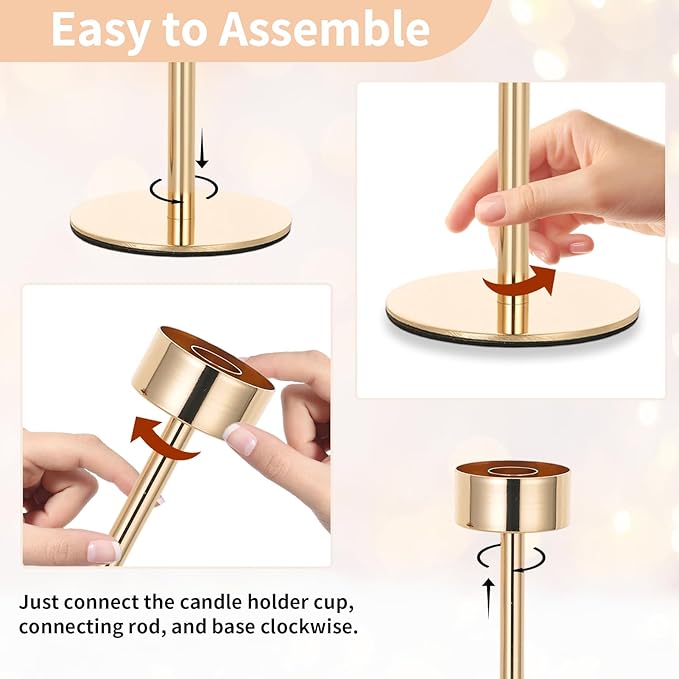 NUPTIO Hurricane Candlestick Holders for Centerpiece: Gold Taper Candles Stick Holders with Clear Glass Chimney - Tall Candleholder Set of 3 for Birthday Party Outdoor Decor