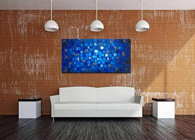 MyArton Thick Textured Abstract Squares Canvas Wall Art Hand Painted Artwork Modern Dark Blue add Silver Oil Painting for Home Decor Framed Ready to Hang 48x24inch