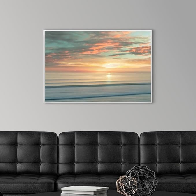 CANVAS ON DEMAND Beach Sunrise White Float Framed Canvas Wall Art Print by Alex Hanson, Contemporary, Home Decor, Ocean Artwork,36" x24in