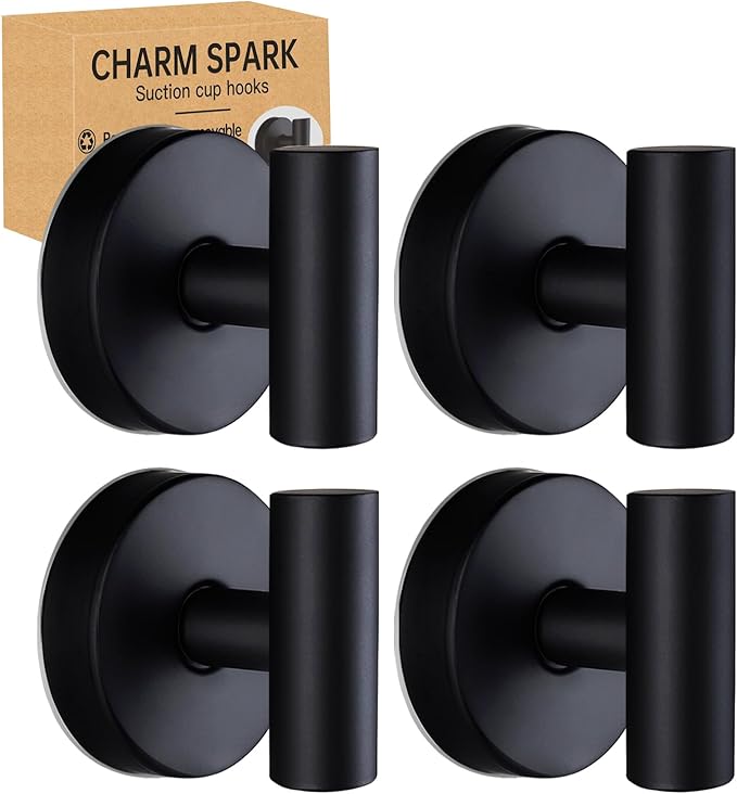 Suction Cup Hooks Bathroom Shower, Stainless Steel Removable and Reusable for Hanging Towels, Coats, Bathrobes, No Drilling Needed, Doesn't Hurt Walls Black 4(Pack)