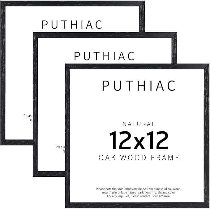 12x12 Black Oak Wood Picture Frame - Minimalist 12x12 Poster Frame, 12"x12" Frame Wood, Natural Solid Wooden Picture Frames for Wall Art Photo and Prints (3 Pack, Black)