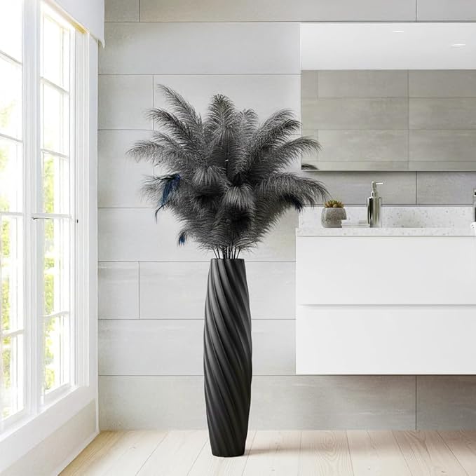 Tall Floor Vase, 23.6 inches Tall Vases Sturdy, Luxury, Textured for Decorative Branches Dried Flowers, Floor Vase for Rustic, Living Room, Shelf Decor (Black)