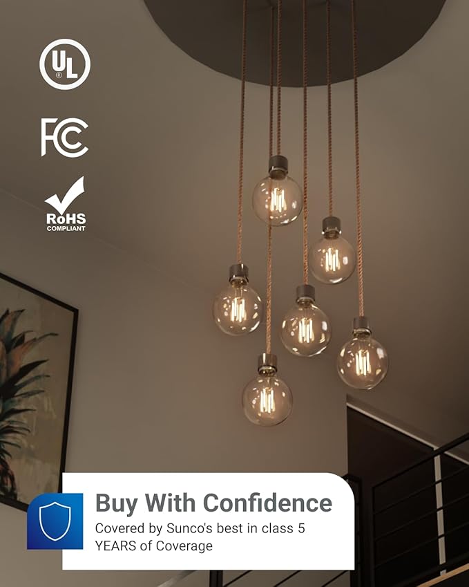 Sunco 10 Pack G25 LED Light Bulbs, Filament Edison Globe, Vanity Lighting Bulb for Bathroom Bedroom, 500 LM, 5W (60W Equivalent), 3000K Warm White, Dimmable, E26 Base, Clear UL