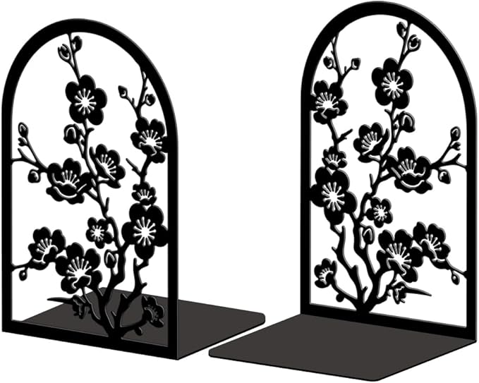 Peacoblue Metal Bookends for Shelves, Modern Decorative Heavy Duty Study Book Ends Stoppers for Office, Desk, Shelf, Room 5.3"x4.3"x7.9" Cast Iron Simple Tall Bookends 1 Pair (Plum Blossom Branches)