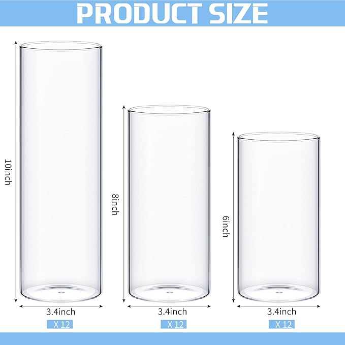 36 Pcs Cylinder Vases Set for Centerpieces, 6/8/10 Inch Tall Clear Glass Vase, Hurricane Floating Candle Holder for Wedding Table Decor, 2.5''/2.7''/3.3''' Diameter (3.3'' X 5.9'',7.9'',9.8'')
