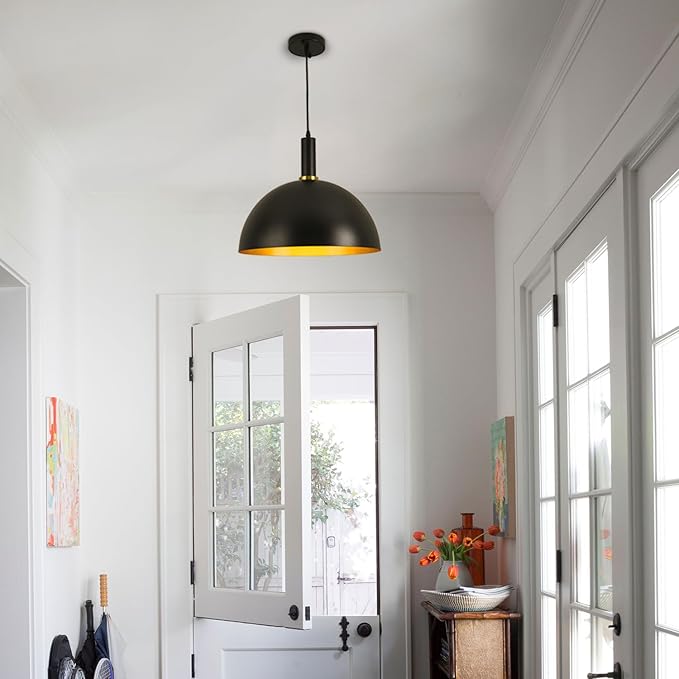16" Black Pendant Lights Kitchen Island, Black and Gold Dome Pendant Lights, Modern Farmhouse Adjustable Large Industrial Metal Hanging Pendant Lighting for Kitchen Island, Dining Room, Cafe, Bar