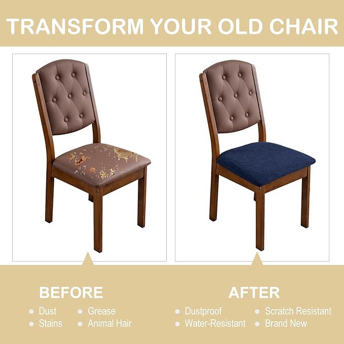 Waterproof Seat Cover for Dining Room Chair Seat Covers Washable Kitchen Chair Seat Slipcovers Protector (Navy Blue, 6 PCS)