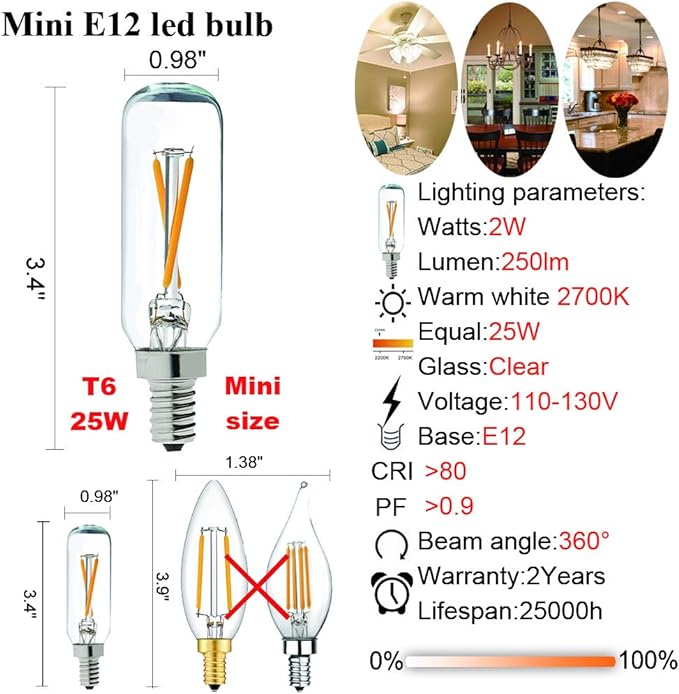 LiteHistory Dimmable T6 led Bulb 25W Candelabra led 2700K Clear 200lm 2W e12 T25 led Bulb 6Pack