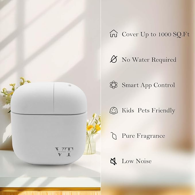 Waterless Oil Diffuser and 2 OZ Essential Oil for 2000 Sq. Ft Room Home Hotel Office, High-end Mini Smart Air Scent Machine with Bluetooth App, Aroma House Diffuser Powered by Battery or Adapter White