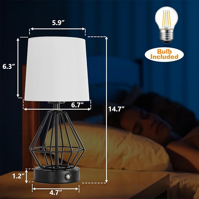 Black Cordless Lamp Set of 2,Touch Stepless Dimming,8000mAh Rechargeable Battery Table Lamp,Black Cage Frame Wireless Lamp,White Lampshade,14.7inches Tall