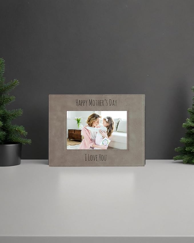 Personalized Add Your Custom Text Engraved Leatherette Faux Leather Hanging/Tabletop Personalized Group Family Photo Picture Frame (Gray, 8x10-inch Horizontal)