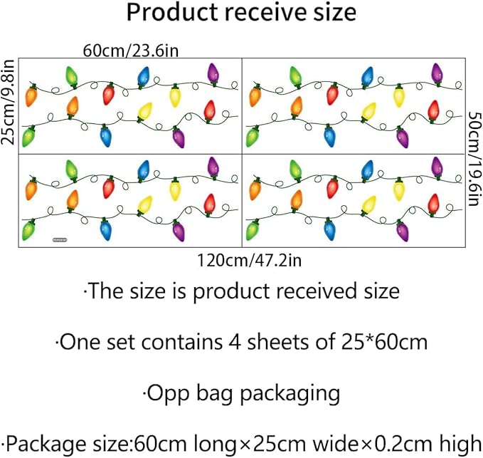 4 Sheets Christmas Wall Decals PVC Merry and Bright Stickers Christmas Bulb Lights Wall Stickers Party Supplies Window Clings Door Fridge Holiday Xmas Wall Decoration
