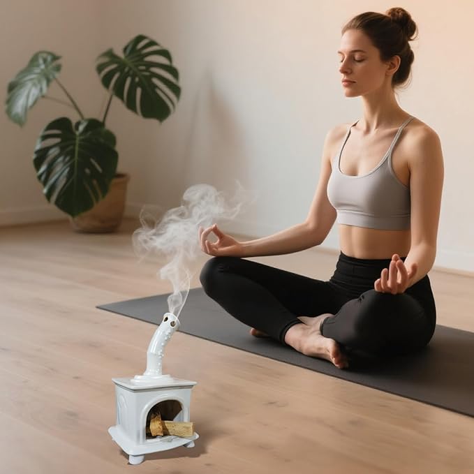 Handmade White Ceramic Fireplace Palo Santo Holder &Sage/Cone Incense Dish for Energy Cleansing Zen Meditation Altar Decor for Yoga Spa | Mindfulness Aromatherapy Gift for Women Anxiety Relief