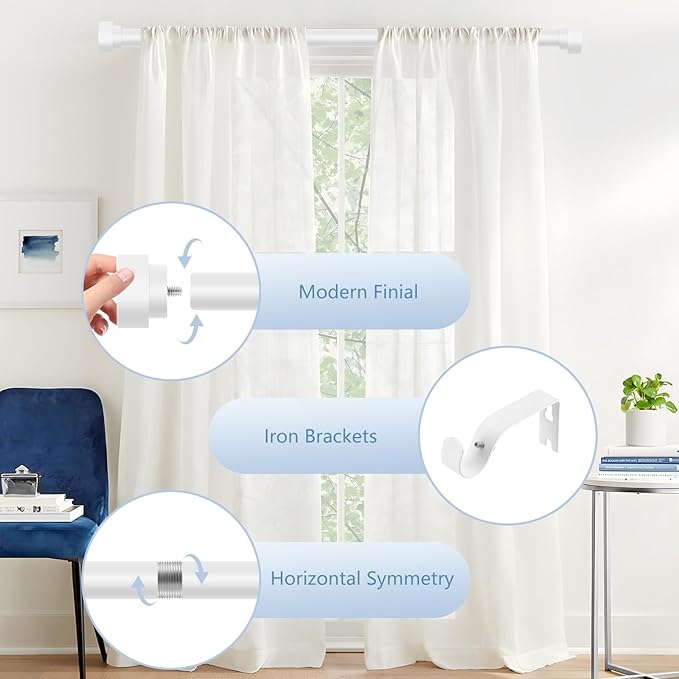 HEI! DEAR White Curtain Rods for Windows 30 to 42 Inch(2.5-3.5ft),1 Inch Adjustable Curtain Rod,Heavy Duty Curtains Rods, Modern Decorative Window Drapery Rod, 30-42" White