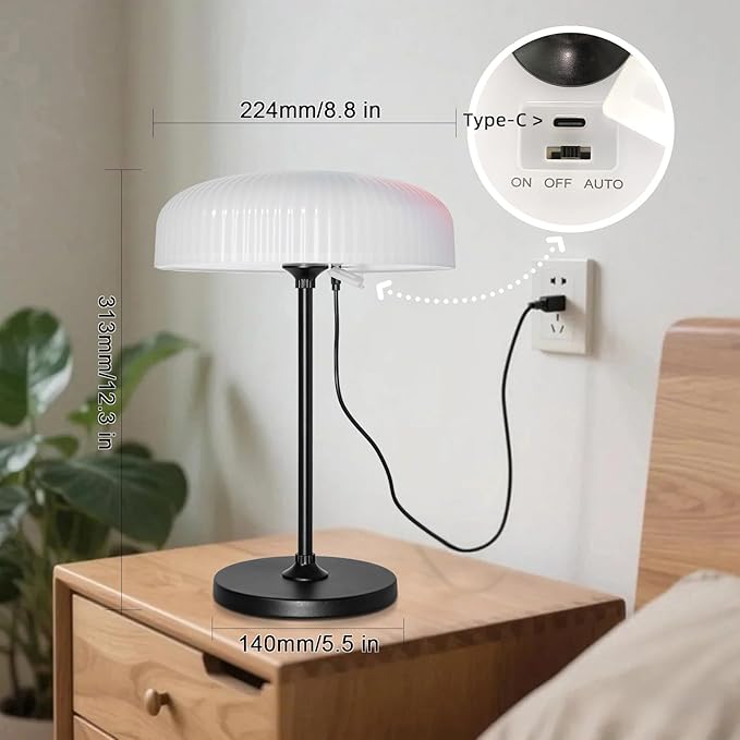 LED Solar Table Lamp, IP65 Waterproof, Touch Control, 3 Modes, USB-C Charging, White Dome Shade with Black Base, Indoor Outdoor Use (White)