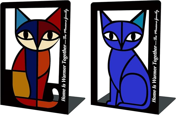 Metal Cat Bookends Set of 2 – Decorative Cat Metal Book Ends for Shelves, The Mewsons Family Collection, Modern Cat Bookends for Living Room, Office & Bedroom