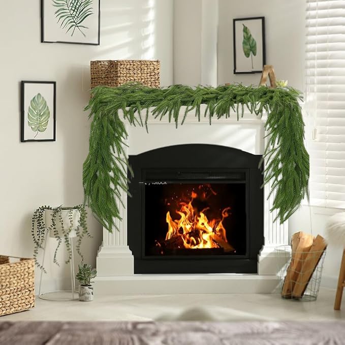 2 Pcs 6FT Norfolk Pine Garland Realistic Real Touch Artificial Faux Greenery Garland for Winter Decorations for Home Window Fireplace Garland for Mantle Table Holiday Indoor Outdoor Garland