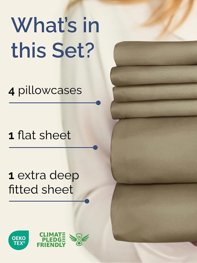 Extra Deep Queen Sheet Set - 6 Piece Breathable and Cooling Sheets - Hotel Luxury Bed Sheets Set - Easy & Secure Fit - Soft, Wrinkle Free and Comfy Sheets Set - Khaki Sheet Set with Extra Deep Pockets