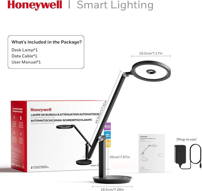 Honeywell Desk Lamp for Home Office, H6 Sunturalux™ Eye-Caring Led Desk Light, 800LM Dimmable Desk Lamp with Timer, Touch Control Tall Desk Reading Light, Table Lamp for Circle Webcam, Study, Bedroom