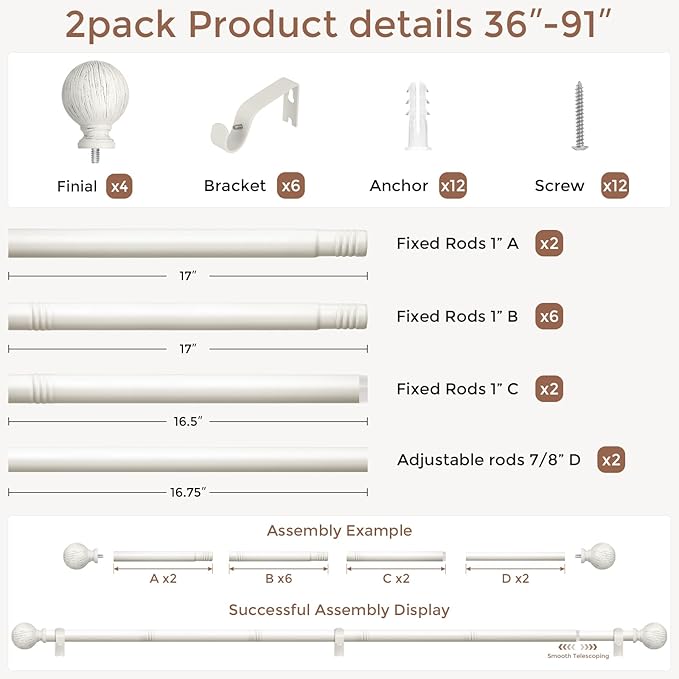 2 Pack Antique White Curtain Rods for Windows 48 to 84 Inch, 1 Inch Boho Decorative Vintage Drapery Rod with Antique White Finials, Adjustable Heavy Duty Rustic Farmhouse Metal Curtain Pole