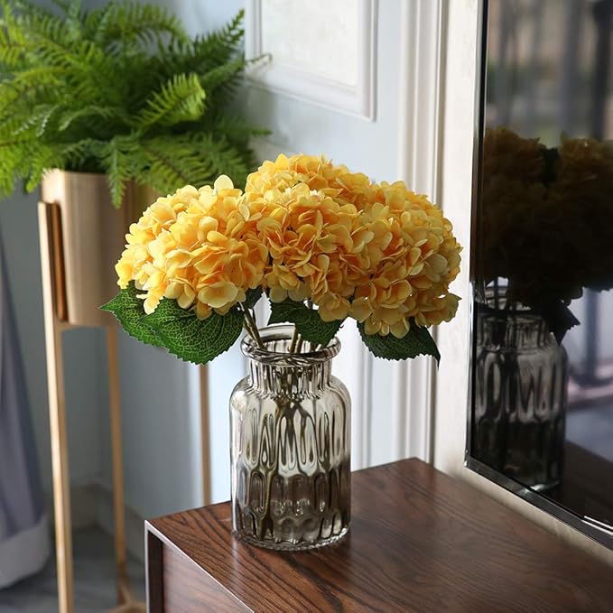 Kimura's Cabin 6pcs Yellow Fake Hydrangea Flower Artificial Silk Hydrangeas Bouquets with Stems Faux Hydrangea for Home Wedding Baby Shower Birthday Party Decoration (Yellow)