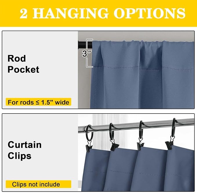 Denim Cafe Blackout Curtains 36 Inch Length 2 Panels Set, Soft Solid Thermal Insulated Room Darkening Small Window Curtains for Kitchen Bathroom Basement, Denim, Each, 40" Wx36 L