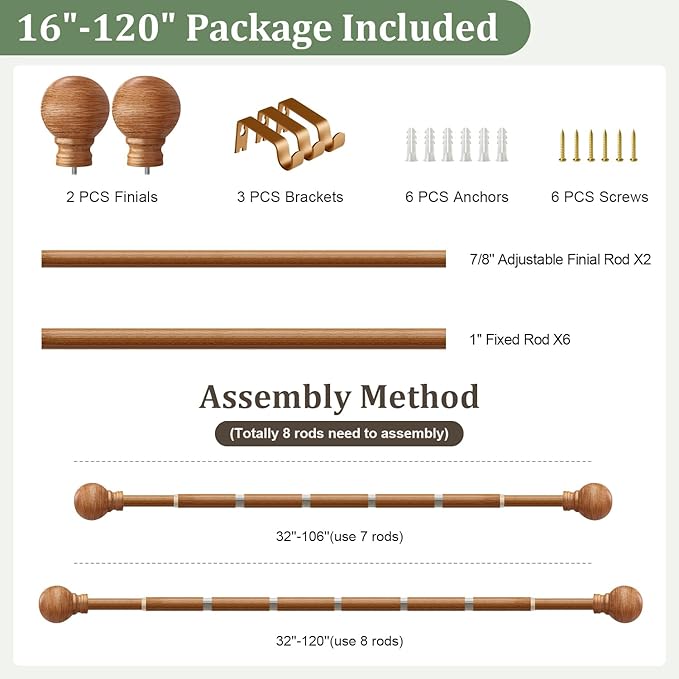 Boho Wood Curtain Rods for Windows 66 to 120 inch 1" Diameter Adjustable Large Long Expandable Heavy Duty Window Rod with Brackets Decorative Wooden Curtain Rod for Living Room Bedroom Kitchen