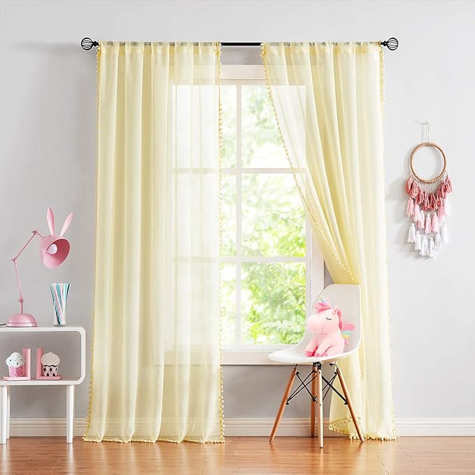 Treatmentex Yellow Sheer Curtains for Living Room 95" Linen Texture Pom Pom Trimmed Voile Drapes for Children's Room 2 Panels