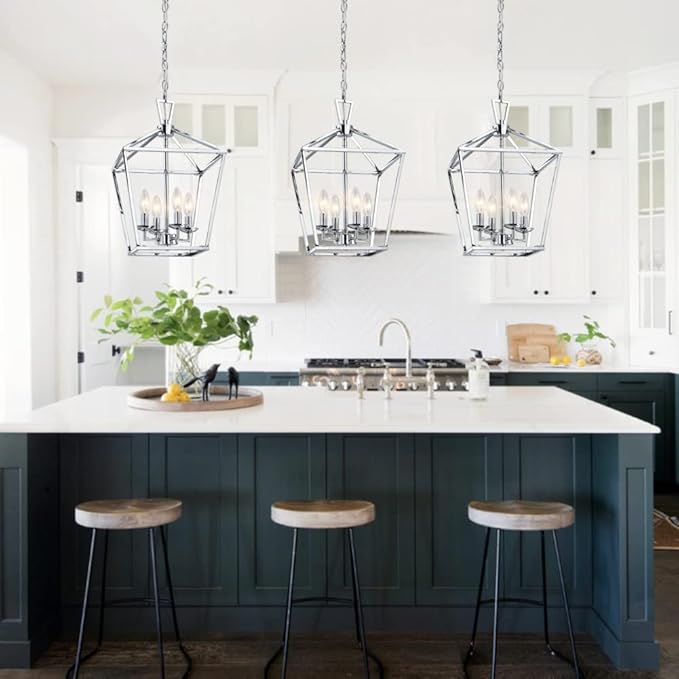 Untrammelife 4-Light Lantern Pendant Light Chrome Modern Hanging Pendant Light Fixtures with Adjustable Chain Metal Cage Dimmable Geometric Chandelier for Kitchen Island Foyer Hallway, 12Inch