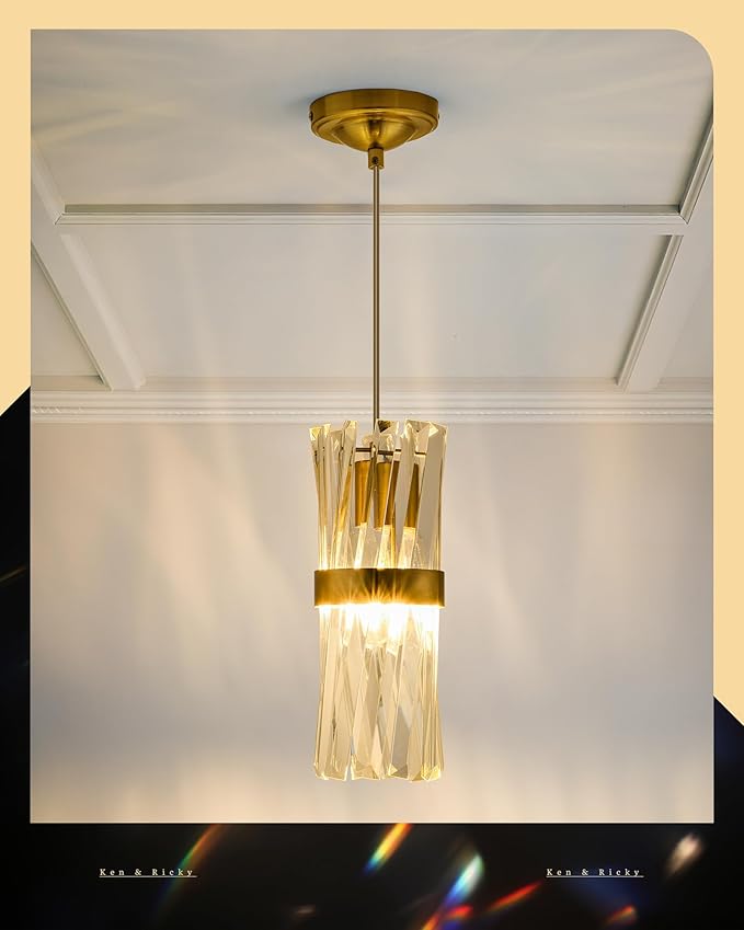 Ken & Ricky Crystal Pendant Lights, Modern Pendant Lights Kitchen Island, Gold Pendant Light for Kitchen Dinning Room Bathroom, Pendant Light with Two Style Options, KR3355-1PK