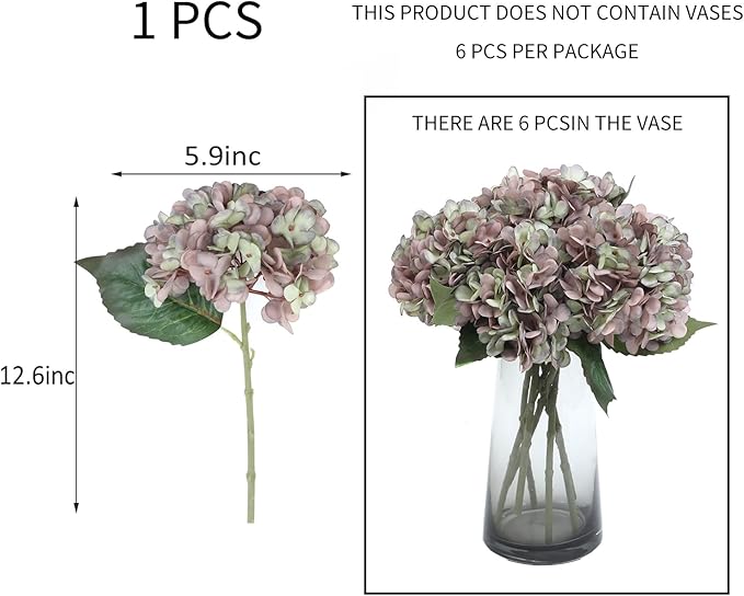 Kimura's Cabin 6pcs Fake Hydrangea Flowers Vintage Artificial Silk Hydrangea Bouquets with Stems Faux Hydrangeas for Wedding Party Home Table Core Decoration (Green Purple, Pack of 6)