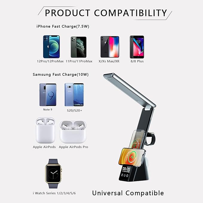 Multi-Functional Desk lamp with Wireless Charger N61 Black, Featuring Clock, Alarm, Adjustable Lighting, and Supporting All wirelessly Chargeable Phones, Watches, and Earphones.