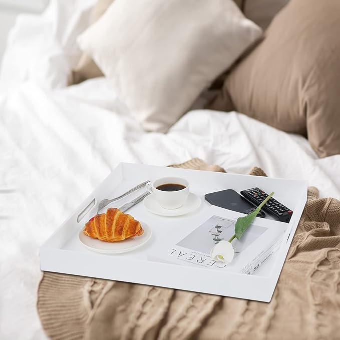 18×18 Inch Golssy White Acrylic Serving Tray with Handles Extra Large Ottoman Tray Decorative Tray Spill-Proof Coffee Table Space Saver Oversize Counter top Organizer Platter with Safe Edge