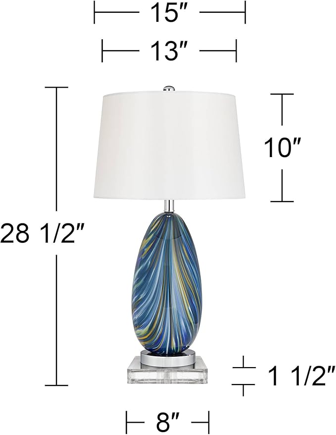 Possini Euro Design Pablo Modern Style Table Lamp with Clear Square Riser 28.5" Tall Multi Blue Art Glass White Drum Shade for Living Room Bedroom House Bedside Nightstand Home (Color May Vary)