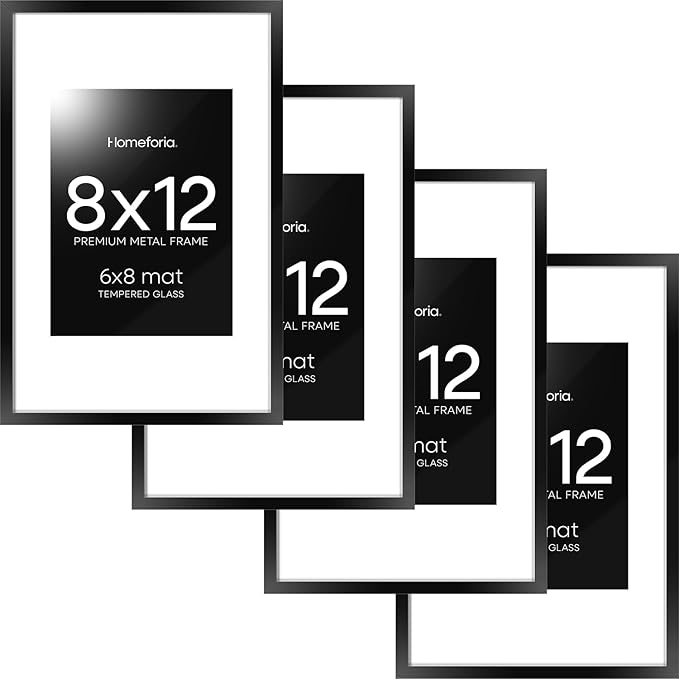 Homeforia 8x12 Picture Frame Black, High End Metal 8 x 12 Poster Frames with Mat 6 by 8 for Photo, 12x8 Frame Matted to 6x8 inch Print, 8by12 Wall or Tabletop Frame, Tempered Glass, Wall Kit, Set of 4