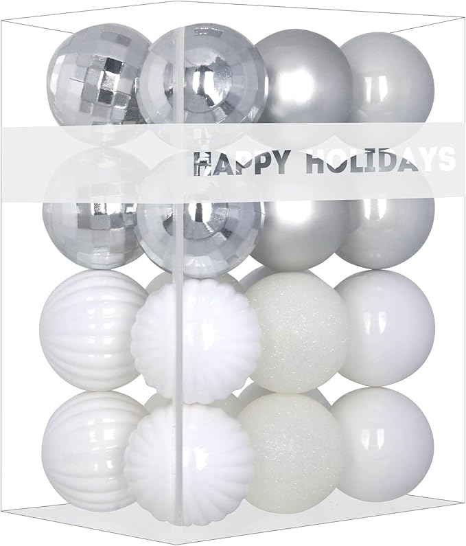 White & Silver 1.6" Small Christmas Balls Christmas Tree Decoration Ornaments Shatterproof Hanging Balls for Birthday Halloween Holiday Wedding Decorations Set of 24pcs