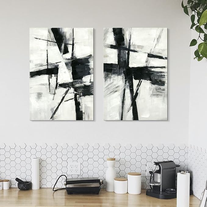 Black and White Abstract Wall Art: Modern Black & White Canvas Picture Prints Textured Stroke Graffiti Painting Contemporary Artwork for Living Room
