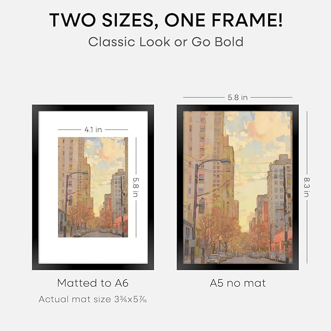Homeforia A5 Picture Frame Black, High End Metal 5.8x8.3 Frames Matted to 4.1x5.8 Print, A5 Photo Frame with Mat A6, 5.8 x 8.3 Poster Frame, 8.3x5.8 Display Frames, Tempered Glass, Wall Kit, Set of 2