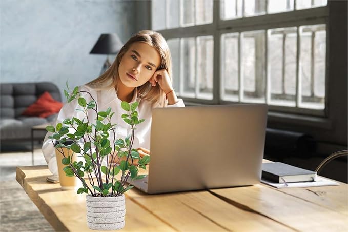 AlphaAcc 12.6" Artificial Plants Fiddle Leaf Fig Decorative Fake Plants Potted in White Round Concrete Planter Realistic Faux Plants Potted for Living Room Kitchen Bedroom Office and Tabletop Decor