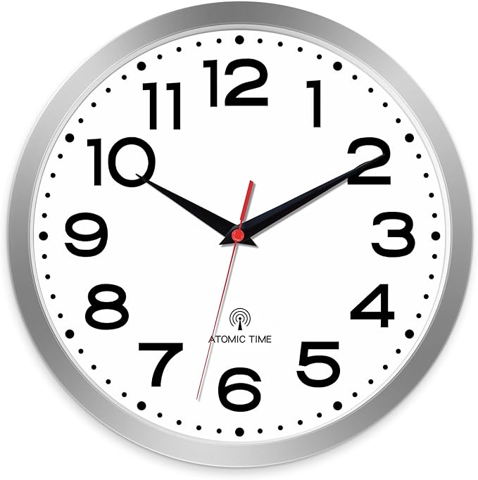 Atomic Wall Clock 14 Inch, Modern Clock Battery Operated Classic Analog Decorative for Kitchen, Living Room, Office, Bedroom, Bathroom (Silver)