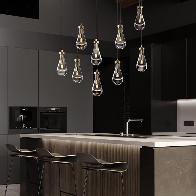 Raindrop 9-Light Chandelier, Modern Brass Teardrop Pendant Light Fixture for Dining Room, Kitchen Island Hanging Light, Adjustable Rope Gold Cluster Ceiling Lighting for Living Room & Entryway